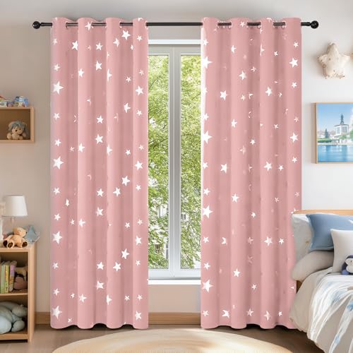 Deconovo Room Darken Curtains Blackout Eyelet Thermal Insulated Noise Reducing Curtains Star foil Printed Curtains Living Room 46x54 Inch Coral Pink 2 Panels — image 1