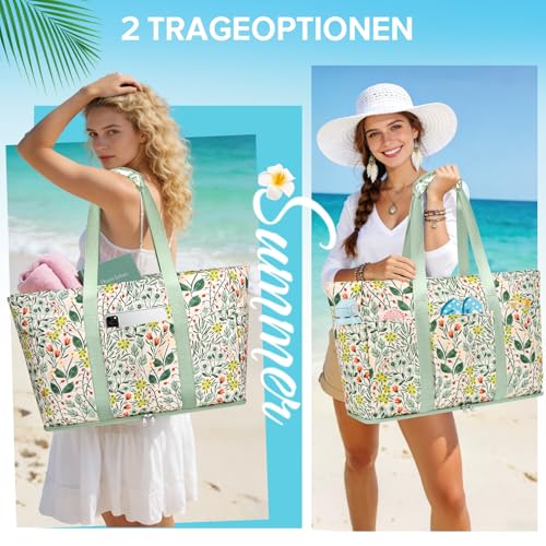 LUROON Large XXL Family Beach Bag with Zip, Waterproof, Women's Beach Bag, Foldable, Shopper, Beach Bag for Travel, Shopping, 50 x 35 x 20 cm, green