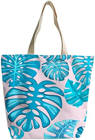 SXCHEN Custom Zipper Canvas Bags Shoulder Bag Handbag Blue Tropical Plant Leaves