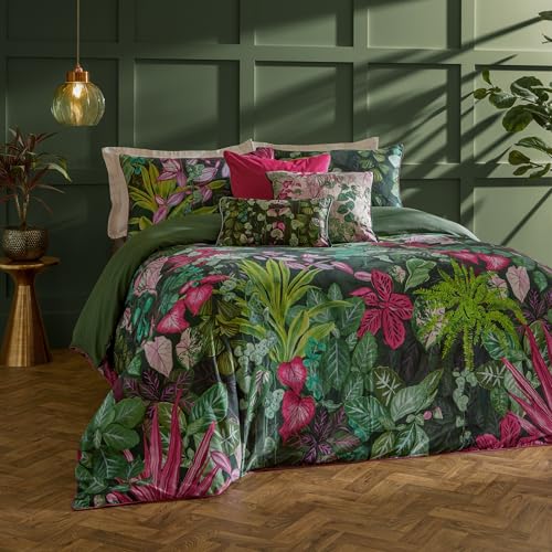 Paoletti Veadeiros Duvet Cover Set – Reversible Botanical Watercolour Jungle Piped Edge Luxury Bedding (Pink/Green – Double)