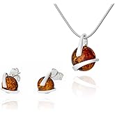 AMBEDORA Small Women's Jewellery Set Amber 344, Polished Sterling Silver, Baltic Amber in Cognac Colour, Silver Pendant on Chain and Earrings