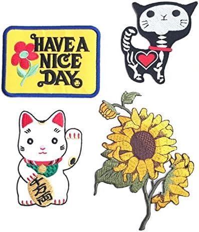 Set Patch of Iron on Patches #4, Sun Flowers Patch, Have a Nice Day Vintage patches,,Maneki-neko Japan Patch Cat iron on Patch,Shock Skeleton Skull X-ray Cat Patch Embroidered Iron On / Sew On Patches