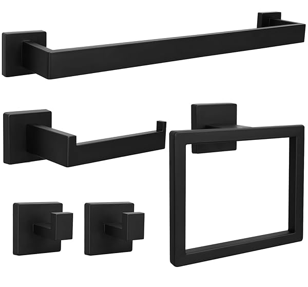 5PCS BATHROOM HARDWARE SET, 24IN TOWEL BAR SET, INCLUDING SQUARE TOWEL BAR SQUARE TOWEL RING TOILET PAPER HOLDER TOWEL HOOKS, SET SUS304 STAINLESS STEEL, WALL MOUNTED