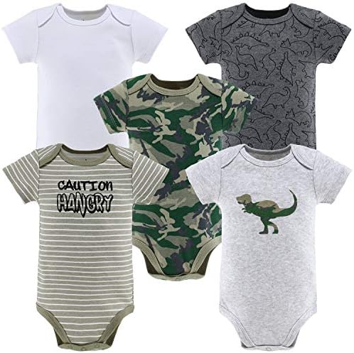 The Peanutshell Short Sleeve Baby Bodysuits Set for Boys – Camo & Dinosaur – 5 Pack Set