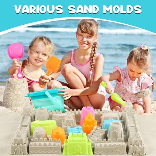 YIMORE Beach Games Children, 28 Pieces Sand Travel Toys with Folding Bucket Children, Sea Games for Children Boys Girls