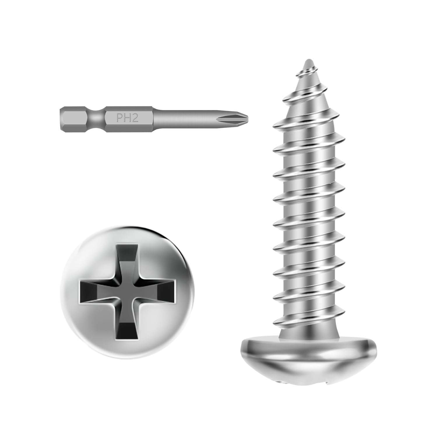 Photo 1 of #10 x 5/8" (200 PCS) Pan Head Sheet Metal Screws, Round Head Self Tapping Screw, Phillips Drive Wood Screw, Stainless Steel 304, Bright Finish