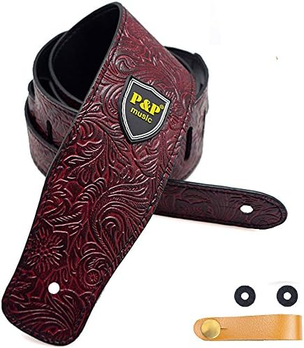 Guitar Strap for Electric Guitar, Acoustic Guitar and Bass, Includes 2 Strap Locks, 1 Leather-made Guitar Strap Button, Best for Guitar Players (Burgandy-Embossed)