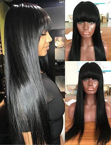 Domido 180% Density Human Hair Glueless Lace Front Wigs with Bangs Brazilian Straight Human Hair Wigs for Black Women Natural Hairline Pre Plucked Lace Wigs (24inch, Natural Color)
