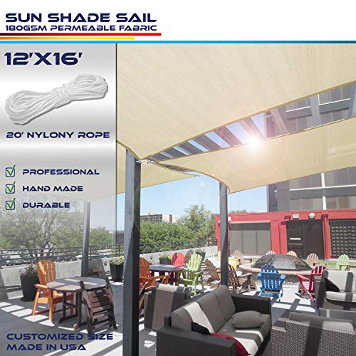 Windscreen4less Sun Shade Sail for Outdoor Patio Backyard UV Block Awning with Steel D-rings 12ft x 16ft Beige Sand Rectangle - Custom Size Available