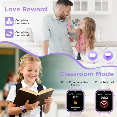 Nuevo 4G Reloj Inteligente Niño con Videollamada & GPS, Smartwatch Niños con SOS, Chat de Voz, Modo Escuela, Podómetro, Despertador, Monitor de Sueño IP68 Impermeable Regalo para Niños Niñas, Púrpura