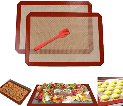 Non-stick Silicone Baking Mats, Portin Set of 2 Half Sheet(Thick &amp; Large 11 5/8" x 16 1/2") Silicone liner for Bake Pans and Grills- Pastry, Cookie, Bread Making, Bonus 1 piece Basting Brush(8 inch)