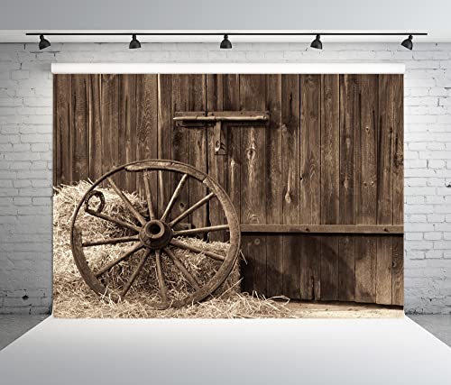 BELECO 2.7x1.8m Fotohintergrund „Cowboys“: Vorderseite Einer Alten Scheune mit antiken Heuballen und Rädern–Fotohintergrund im Landhausstil für Partys