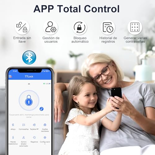 LOKOOY Cerradura Inteligente D1, 5 Métodos de Apertura, TTLOCK App Bluetooth, Huella Digital, Tarjeta IC, Contraseña, Llave física, Apto para 30 mm a 75 mm