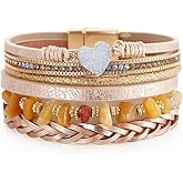 P Ammy Fashion® Boho Stackable PU Leather Wrap Bracelet Retro Crystal Nature Stones Cuff with Magnetic Clasp