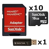 10 PACK - SanDisk 16GB MicroSD HC Memory Card SDSDQAB-016G (Bulk Packaging) LOT OF 10 with SD Adapter and SoCal Trade USB 2.0 MicoSD & SD Memory Card Reader