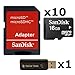 10 PACK - SanDisk 16GB MicroSD HC Memory Card SDSDQAB-016G (Bulk Packaging) LOT OF 10 with SD Adapter and USB 2.0 MicoSD & SD Memory Card Reader 