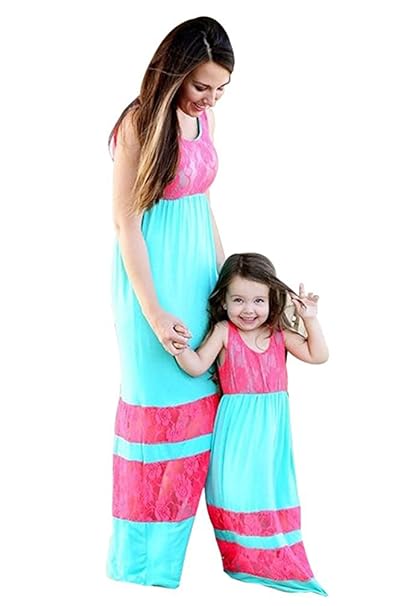 Tomsent Mutter und Tochter Ärmelloses Hohe Taille Strandkleid Gedruckt Spleiß Boho Partykleid Maxikleid Familie Kleid