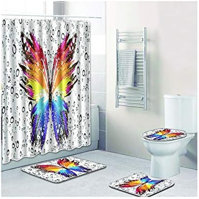 AAJewels 4 Piece Shower Curtain & Bath Rug Set Polyester Pedestal Rug & Toilet Seat Cover & Bath Mat Butterfly Printing Style 05 (50x80cm)