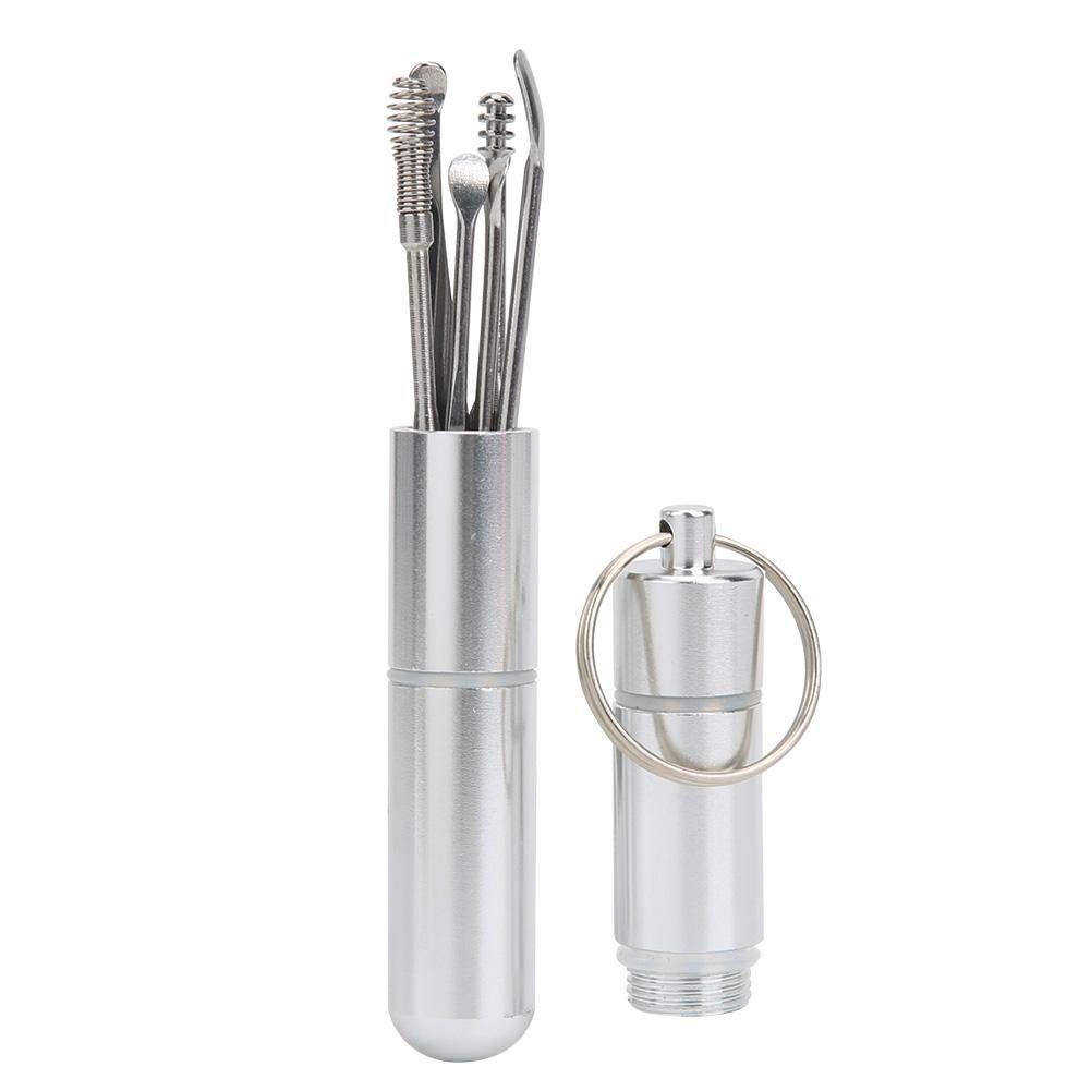 Ear Pick, 6Pcs Stainless Steel Ear Wax Removal Kit Ear Spoon Ear Curette with Storage Tube Keychain for Sensitive Ears