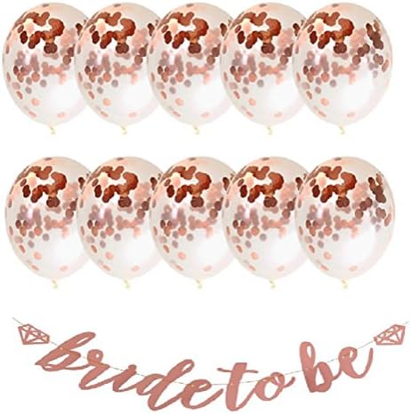 Bridal Shower & Bachelorette Party Set - Bride to Be Rose Gold Banner - 10 Rose Gold Confetti Balloons - Easy to Assemble Glitter Garland - Large Filled Latex Balloon Decorations by Jolly Jon