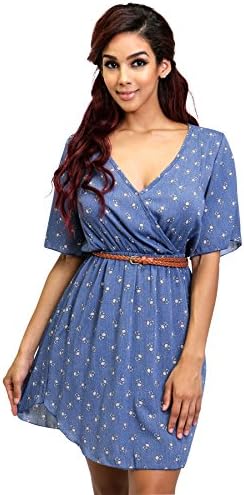 NY Closet Women's Deep V Neck Wrap Style Short Sleeves Swing Dress With Belt (SMALL, DENIM BLUE)