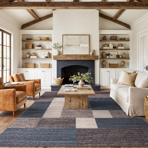 Rugshop Contemporary Blue Geometric Boxes Non-Slip Area Rug Non-Shedding for Li…