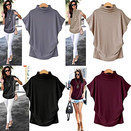 New in Summer Haalife◕‿Women Turtleneck Short Sleeve Top Fashion Irregular Blouse T Shirt Casual Oversize Tunic Tops Gray - Thumbnail 6