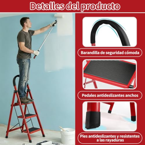 Escalera Plegable para Casa,Escalera Plegable de 3 Peldaños,Diseño de Cierre de Seguridad,Patas y Pasamanos Antideslizantes,Escalera Plegable de Peldaños,para Hogar,Garaje,Interior y Exterior-Rojo