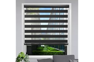 Lauren Taylor Cordless Zebra Blinds for Windows - 100% Polyester Pull Down Roller Shades for Windows, Dual Layer Sheer or Privacy Light Control Day & Night Roller Blinds (Black, 33" W x 84" H)