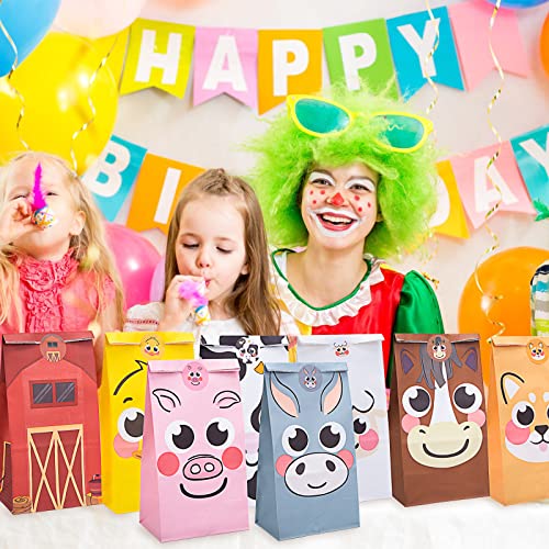 LOVESTOWN 32PCS Farm Animal Party Favor Bags, Goodie Bags with Stickers Treat Bags for Farm Birthday Party Baby Shower Barnyard Gift Bags