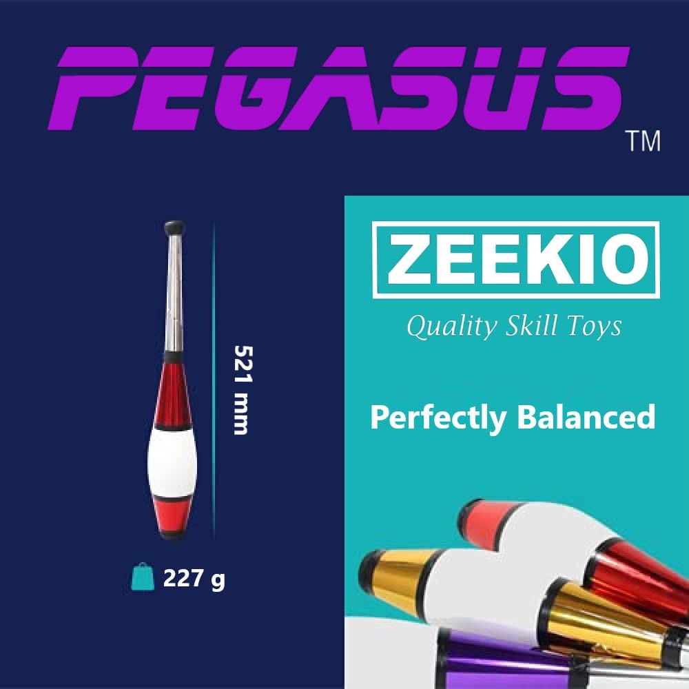 Zeekio - Pegasus Juggling Club Set - Premium Quality - for Beginners, All Levels - Multi-Piece Durable Design - Scuff Resistant - Rubber Knob & Cap - 20.5”L - Set of 3 - Blue, Red & Silver
