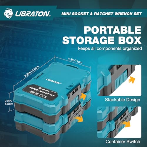 LIBRATON 37 Piece Mini Ratchet and Socket Set with 10.2mm Drive, 4-13mm Bits, Magnetic Handle, Extension Bars and Universal Joint, with Storage Case for