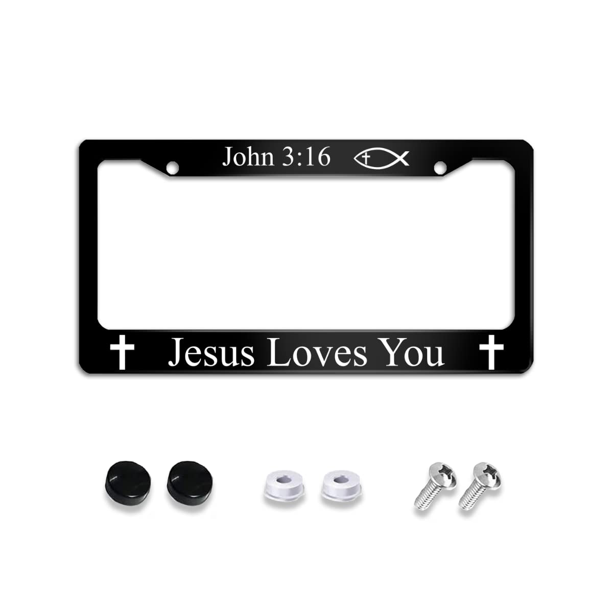 Photo 1 of John 3:16 Jesus Loves You License Plate Frame Stainless Steels Funny Black Car Tag Holder Frames with 2 Holes and Screws 12 x 6 Inch Decoration for US Vehicles Standard for Women Men
