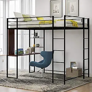 KLMM Full Size Metal Loft Bed with 2 Ladder and one Desk, Length Guardrail, Space-Saving Design, No Box Spring Needed (Black)