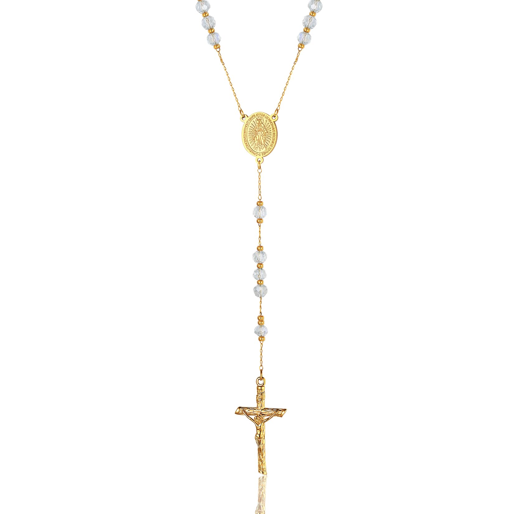 ChainsPro Cross Necklace Rosary Beads Catholic Men Women Blessed Virgin Mary Medal Cubic Zirconia Gold Chain Stainless Steel Crucifix Prayer Jesus Gift Mens Christian Jewellery
