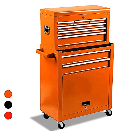 Big Removable Tool Chest, Rolling Tool Chests with Wheels (2PCS Lockable) and Drawers, Top Tray and Bottom Cabinet Door with Keyed Locking System, for Garage, Warehouse, and Workshop, etc(Orange) - Thumbnail 7