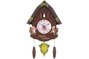 EPIPHQNY Wall Clock,European Pastoral Style Resin Cuckoo Wall Clock Bird for Time Bell Swing Alarm Watch Cartoon Vintage Antique Home Art Decoration, 26*42cm, Brown Squirrel