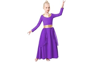 REXREII Kids Girls Praise Dance Robe Metallic Waistband Long Sleeve Liturgical Worship Dress Chiffon Skirt Lyrical Costume