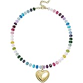 KissYan Beaded Necklaces for Women Valentine's Day Gift, Colorful Boho Bead Choker With Bubble Puffy Heart, Natural Stone Rainbow Necklaces Summer Surfer Beach Handmade Jewelry