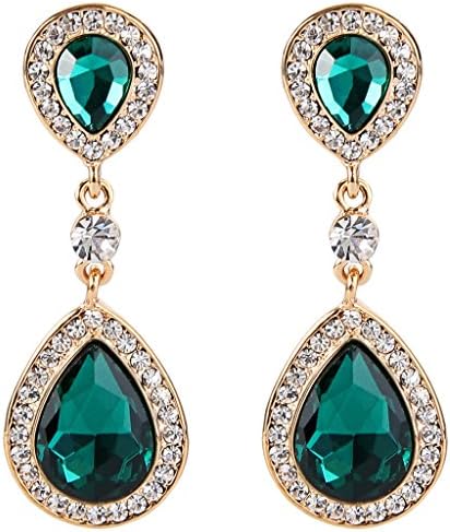 JoinMe Women's Delicate Wedding Bridal Crystal Double Teardrop Beaded Dangle Earrings Gold-Tone Green