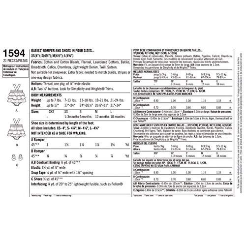 Simplicity Cynthis Rowley Pattern 1594 Babies Romper and Shoes in 4 Sizes - Size XXS-L 1-18 Months 7-24 Pounds