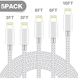 TNSO Phone Cable 5 Pack[3/3/6/6/10FT] Extra Long Nylon Braided USB Charging & Syncing Cord Compatible with Phone Xs/Max/XR/X/8/8Plus/7/7Plus/6S/6S Plus/SE/Pad/Nan More