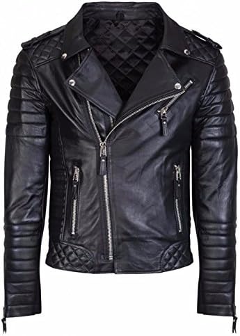 Mens Leather Biker Jacket With Diamond Quilted Design (Medium)
