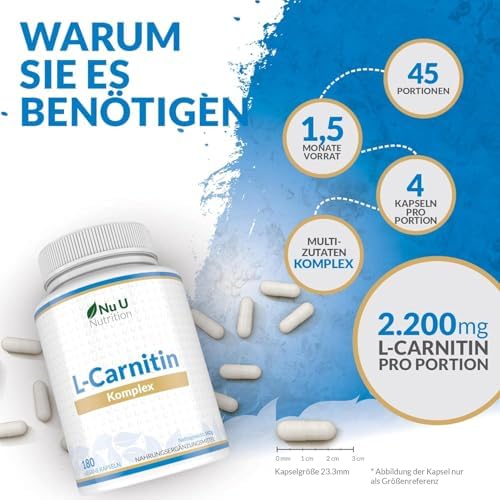 L-Carnitin Komplex 2.200mg Hochdosiert - 180 Vegane Kapseln - Mit Riboflavin, Biotin, Chrom, Vitamin D, B3 & B6 - L-Carnitin-Tartrat-Ergänzung - Nu U Nutrition