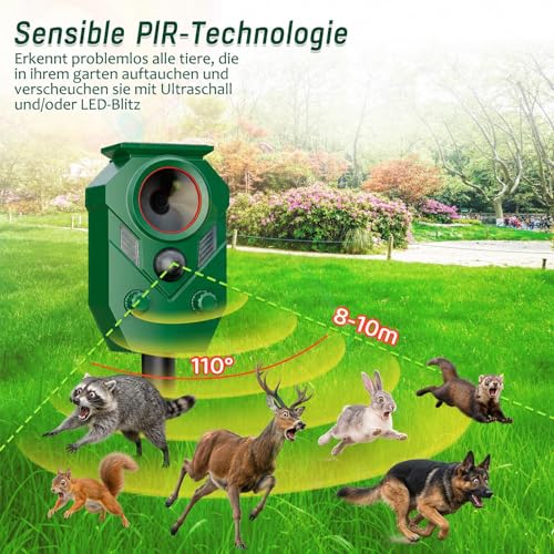 Ultrasonic Solar Cat Repeller Garden with Motion Sensor & 5 Modes, Cat Repellent and Marten Deterrent, IP65 Waterproof Against Cats, Martens, Birds and Voles