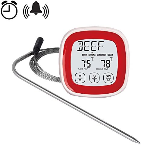 Touchscreen Digital Food Meat Thermometer with Clock Timer and Stainless Steel Temperature Probe for Kitchen Cooking, BBQ Grill, Smoker Oven