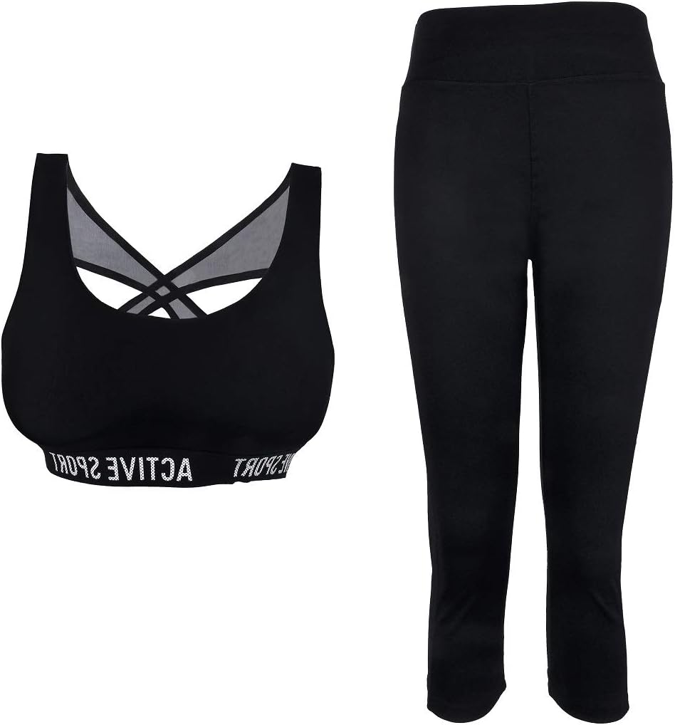 Womens Sportswear Set Tracksuit 2 pieces Padded Sports Bra and 3/4 leggings with Pockets Stretch-fit Gym Outfit