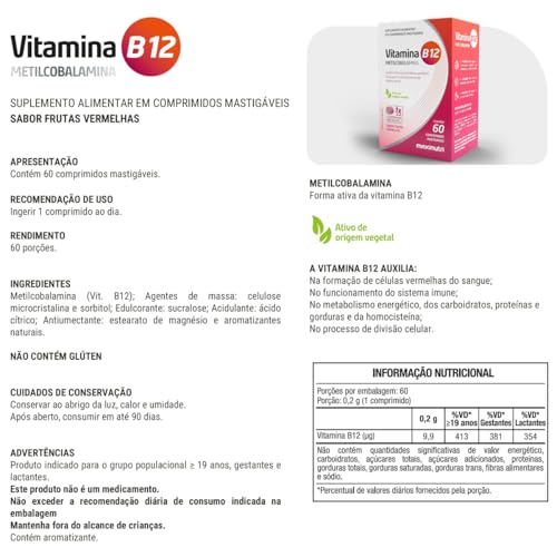 Vitamina B12 Comprimidos Mastigáveis (60 comp), Único, MaxiNutri