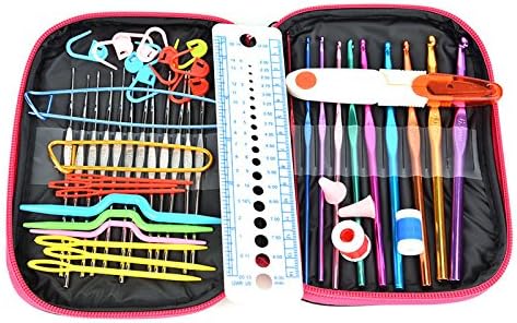 IMDAY 22pcs Crochet Hooks Multiple Set Ergonomics Multicolored Knitting Stitch Marker Needles Aluminum Weave Craft Sewing Collection Set Gift for Mom Women With Pink Carrying case.
