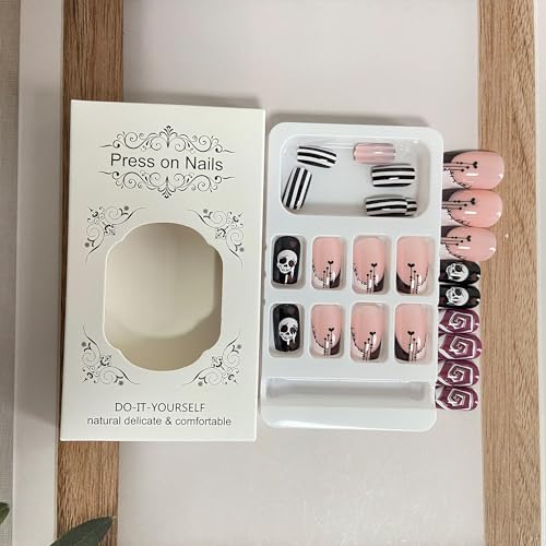 Halloween Press on Nails Square Short Fake Nails French Tip False Nails With Heart Skull Swirls Designs Full Cover Stick on Nails Acrylic Reusable Artificial Nails for Women Glue on Nails 24Pcs - Image 4